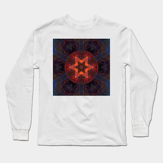 Mosaic Kaleidoscope Flower Orange Purple and Blue Long Sleeve T-Shirt by WormholeOrbital